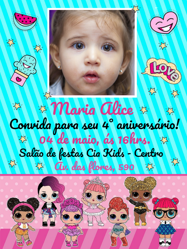 Convite de Aniversário LOL Surprise com Foto para Editar Convite de Aniversário LOL Surprise com Foto para Editar