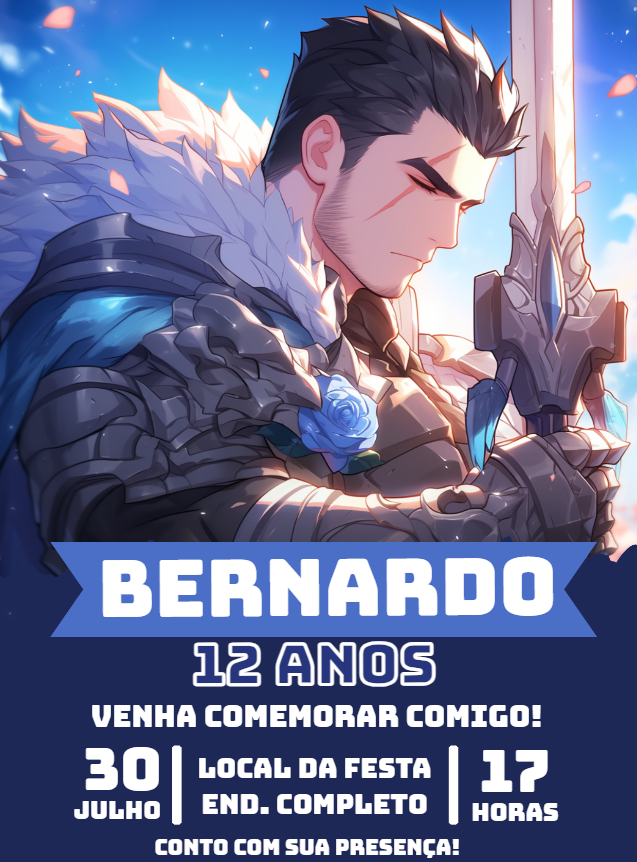 Convite Aniversário Guerreiro Anime Fantasia para Editar Online Convite Aniversário Guerreiro Anime Fantasia para Editar Online