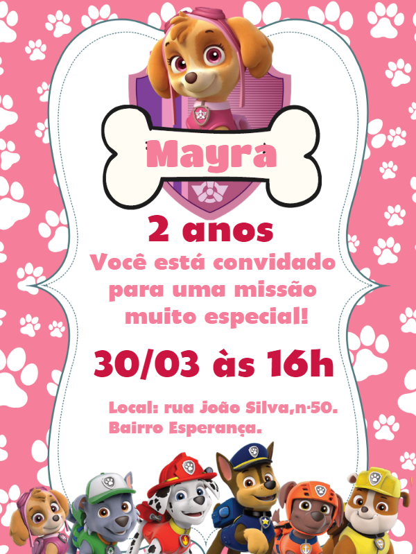 Convite Aniversário Patrulha Canina Skye para Editar Online Convite Aniversário Patrulha Canina Skye para Editar Online