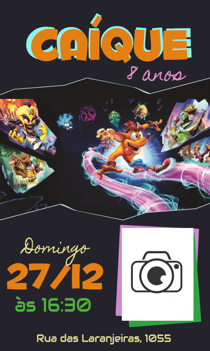 Convite Aniversário Crash Bandicoot com Foto para Editar Online Convite Aniversário Crash Bandicoot com Foto para Editar Online