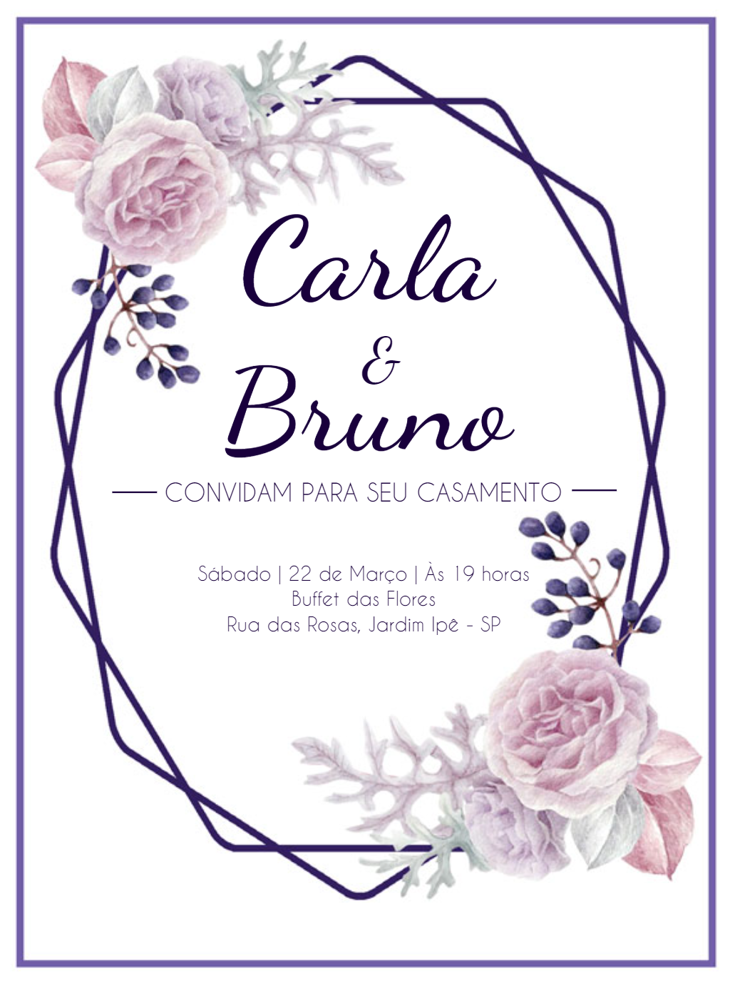Convite de Casamento Floral Roxo e Branco para Editar Online Convite de Casamento Floral Roxo e Branco para Editar Online
