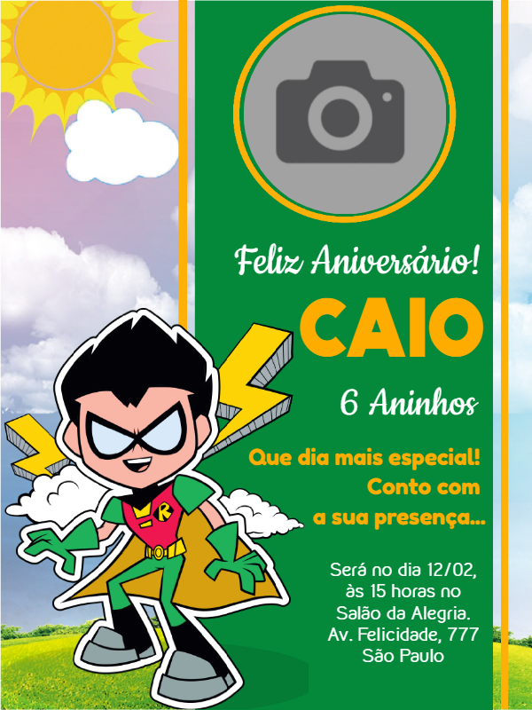 Convite Aniversário Robin Jovens Titãs com Foto para Editar Convite Aniversário Robin Jovens Titãs com Foto para Editar