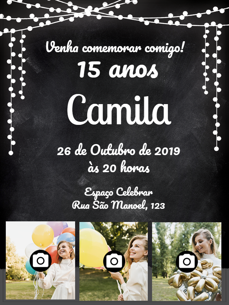 Convite 15 Anos Chalkboard com Fotos para Editar Online
