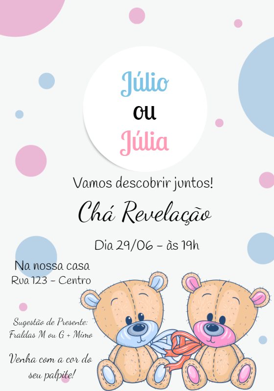 Convite Chá Revelação Ursinhos Rosa e Azul para Editar Online Convite Chá Revelação Ursinhos Rosa e Azul para Editar Online