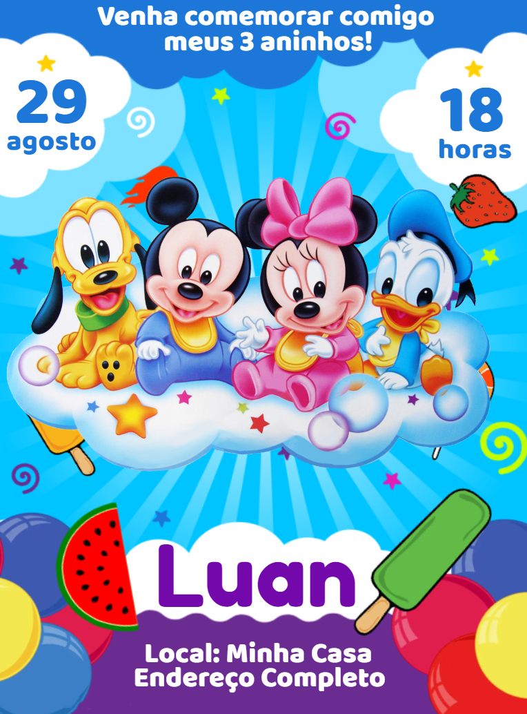 Convite Aniversário Turma do Mickey Baby para Editar Online