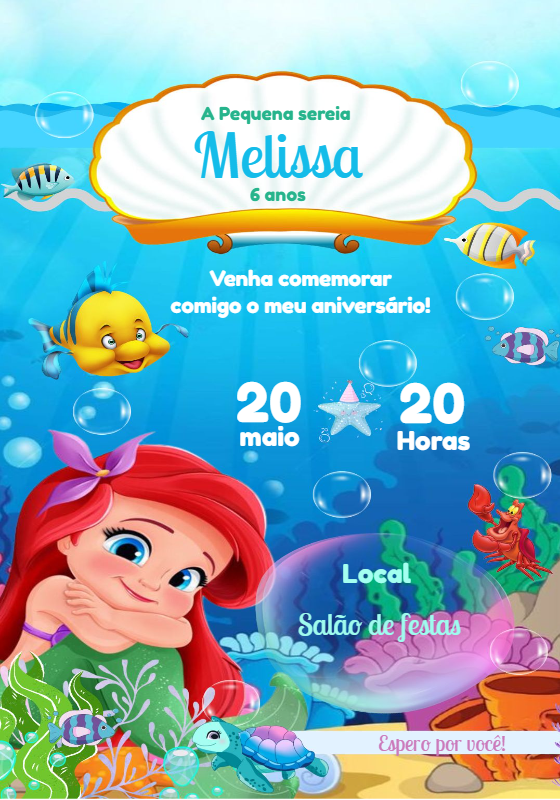 Convite Aniversário A Pequena Sereia para Editar Online Convite Aniversário A Pequena Sereia para Editar Online