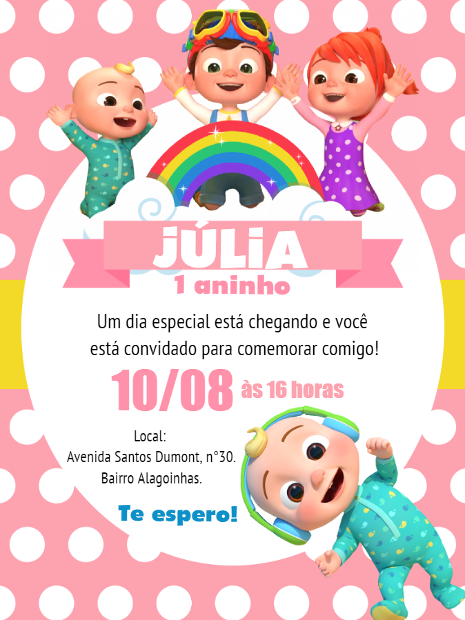 Convite Aniversário Cocomelon com Personagens para Editar Online Convite Aniversário Cocomelon com Personagens para Editar Online
