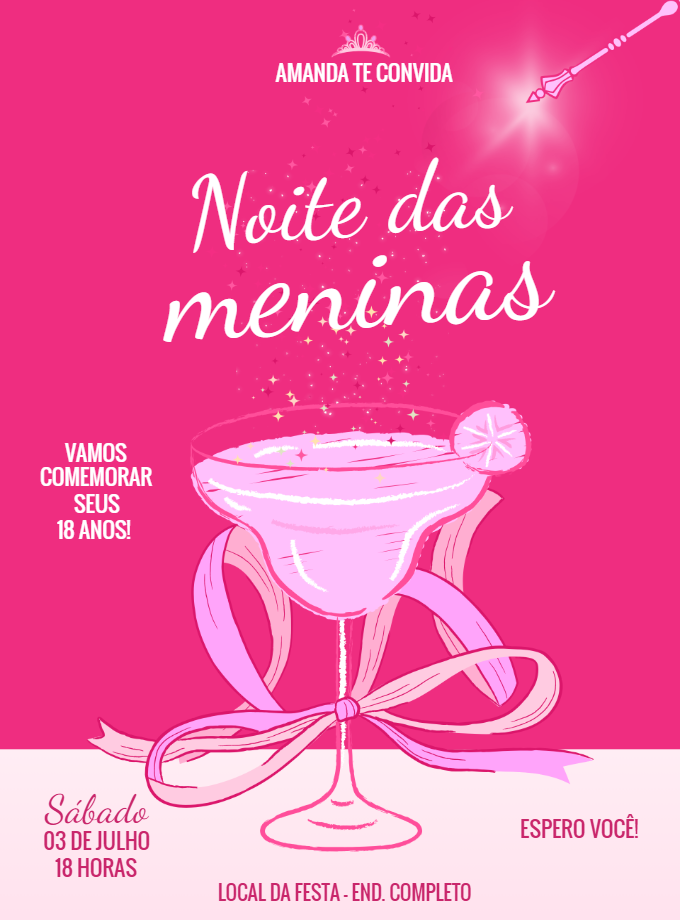 Convite Aniversário Noite das Meninas Rosa para Editar Online Convite Aniversário Noite das Meninas Rosa para Editar Online