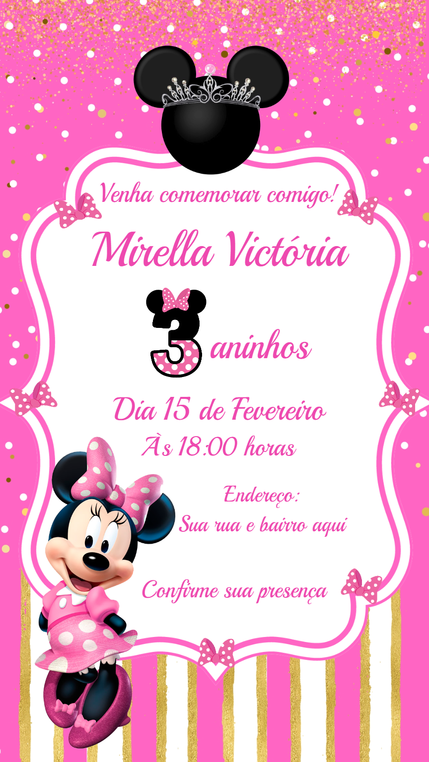 Convite Aniversário Minnie Mouse Rosa para Editar Online Convite Aniversário Minnie Mouse Rosa para Editar Online