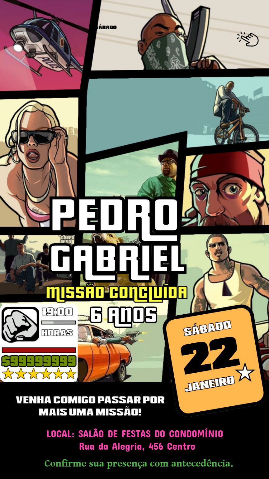 Convite Aniversário GTA San Andreas para Editar Online Convite Aniversário GTA San Andreas para Editar Online