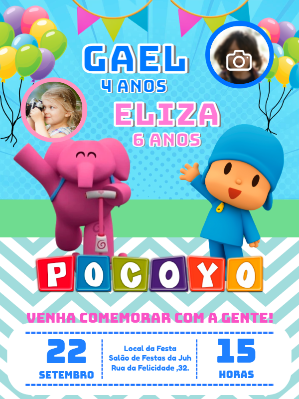 Convite Aniversário Duplo Pocoyo com Foto para Editar Online Convite Aniversário Duplo Pocoyo com Foto para Editar Online