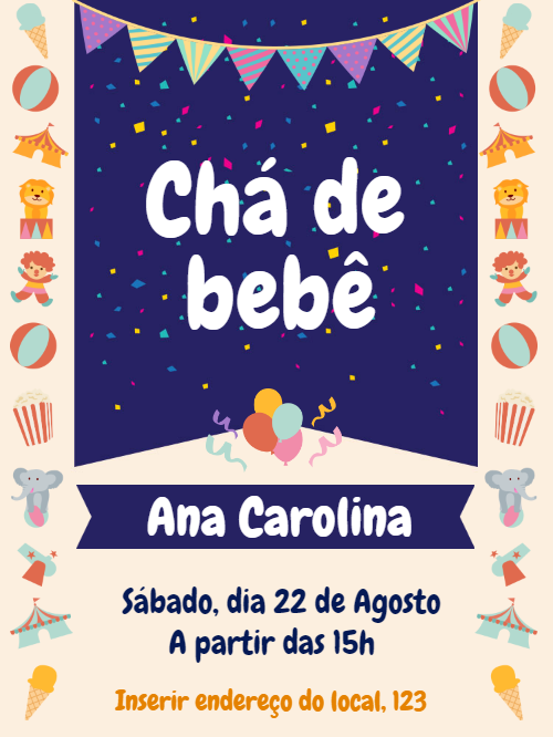 Convite de Chá de Bebê Circo Azul para Editar Online Convite de Chá de Bebê Circo Azul para Editar Online