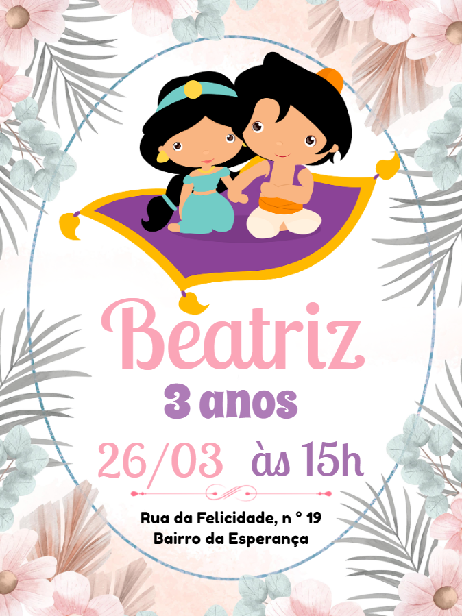 Convite Aniversário Princesa Jasmine e Aladdin para Editar Online Convite Aniversário Princesa Jasmine e Aladdin para Editar Online