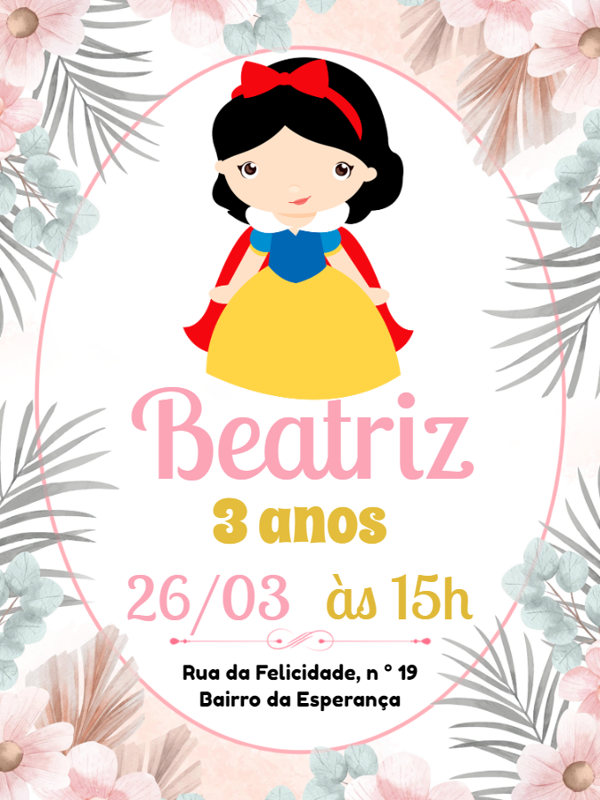 Convite de Aniversário Branca de Neve Cute para Editar