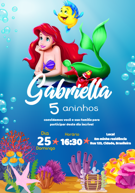 Convite de Aniversário A Pequena Sereia para Editar Online Convite de Aniversário A Pequena Sereia para Editar Online