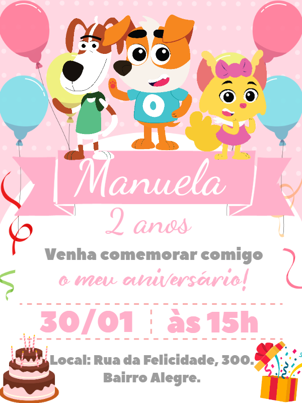 Convite de Aniversário Caninópolis com Cachorrinhos para Editar Convite de Aniversário Caninópolis com Cachorrinhos para Editar