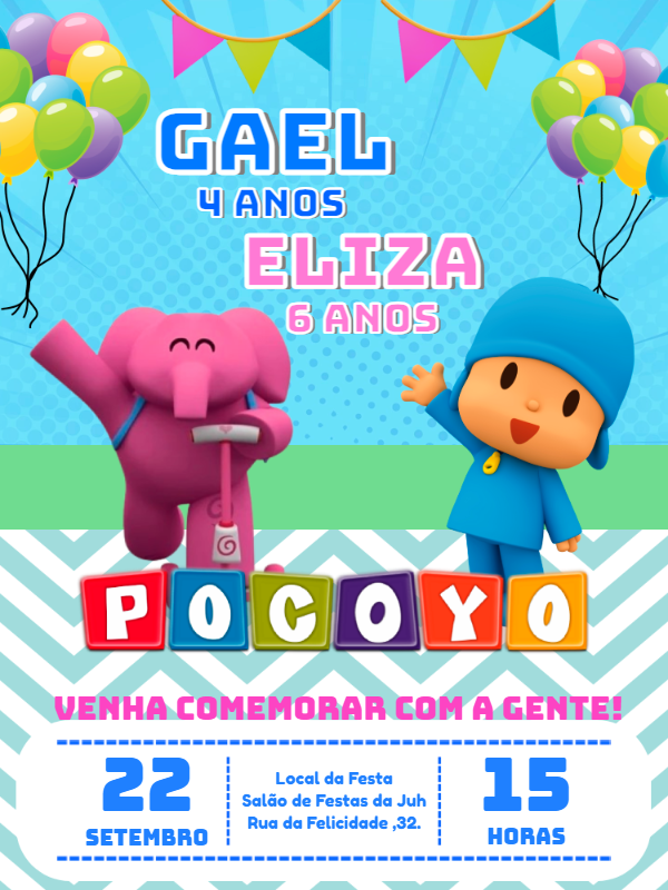 Convite Aniversário Duplo Pocoyo e Elly para Editar Online Convite Aniversário Duplo Pocoyo e Elly para Editar Online