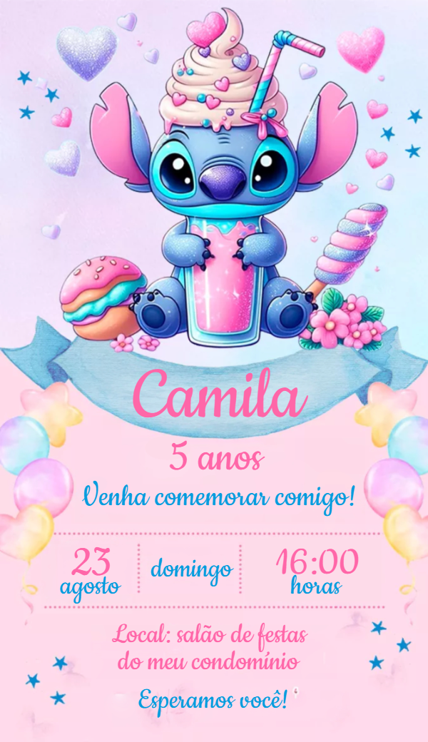Convite de Aniversário Stitch Candy para Editar Online Convite de Aniversário Stitch Candy para Editar Online