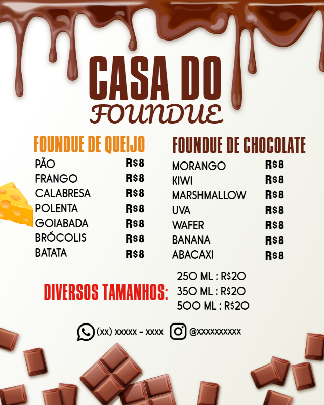 Cardápio de Fondue de Chocolate e Queijo para Editar Online Cardápio de Fondue de Chocolate e Queijo para Editar Online