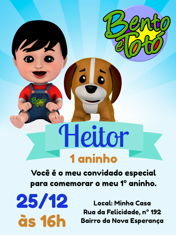 Convite de Aniversário Bento e Totó para Editar Online e Imprimir Convite de Aniversário Bento e Totó para Editar Online e Imprimir