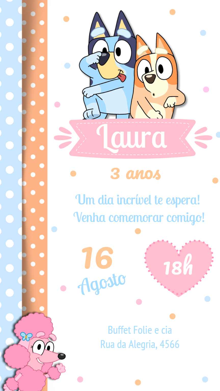 Convite de Aniversário Bluey e Bingo Rosa para Editar Online Convite de Aniversário Bluey e Bingo Rosa para Editar Online