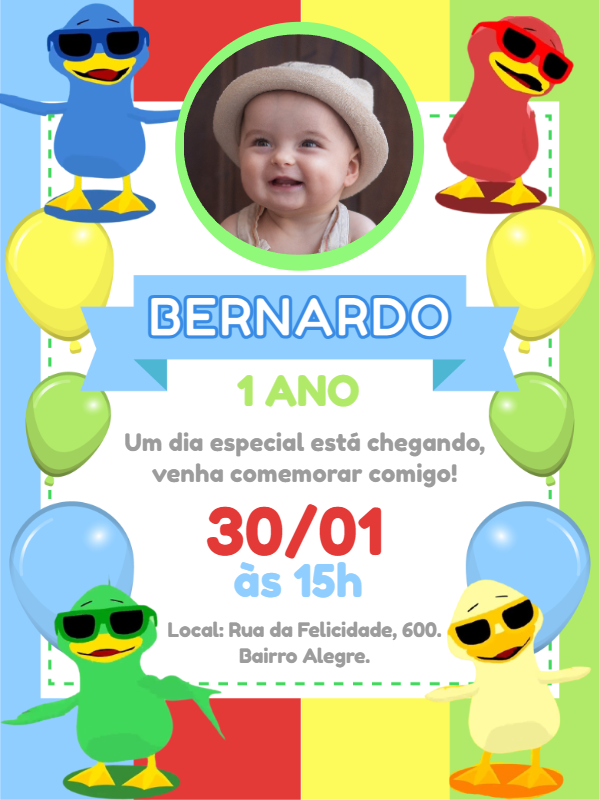 Convite Aniversário Patinho Colorido com Foto para Editar Online Convite Aniversário Patinho Colorido com Foto para Editar Online
