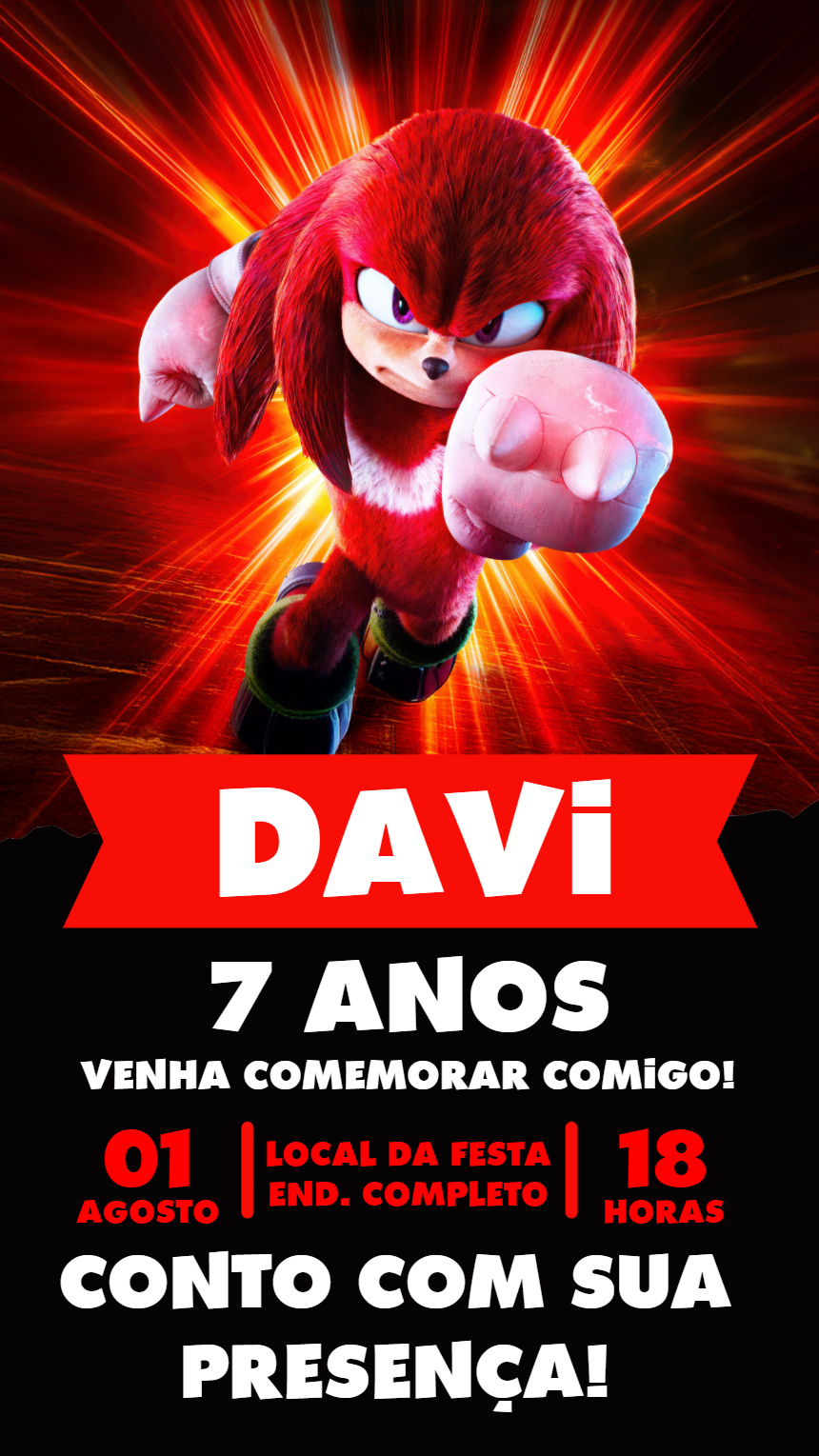 Convite de Aniversário Knuckles do Sonic para Editar Online Convite de Aniversário Knuckles do Sonic para Editar Online