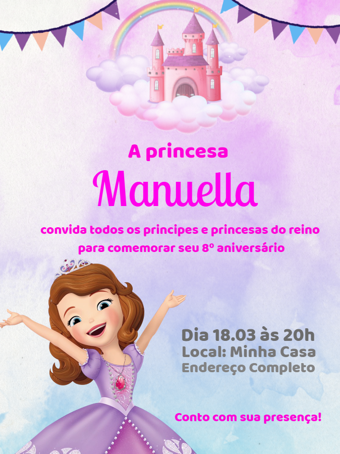 Convite Aniversário Princesa Sofia para Editar Online Convite Aniversário Princesa Sofia para Editar Online