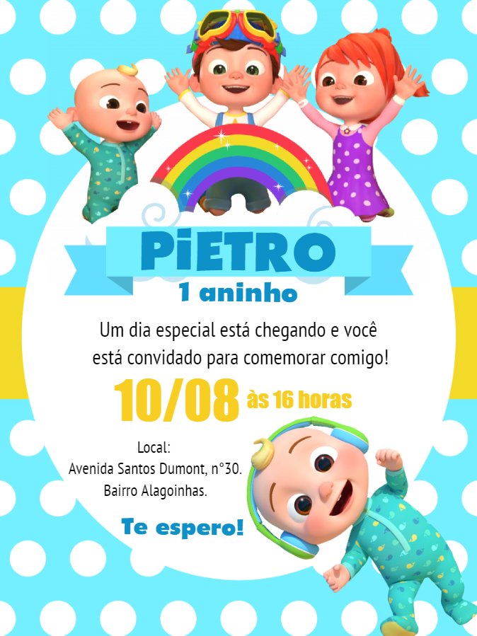 Convite de Aniversário Cocomelon com Personagens para Editar Online Convite de Aniversário Cocomelon com Personagens para Editar Online