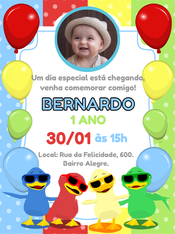 Convite Aniversário Patinhos Coloridos com Foto para Editar Convite Aniversário Patinhos Coloridos com Foto para Editar
