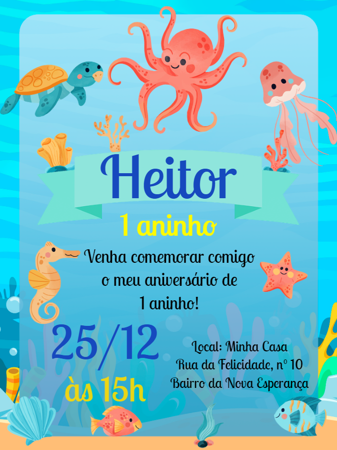 Convite Fundo do Mar para Aniversário Infantil Editável Online Convite Fundo do Mar para Aniversário Infantil Editável Online