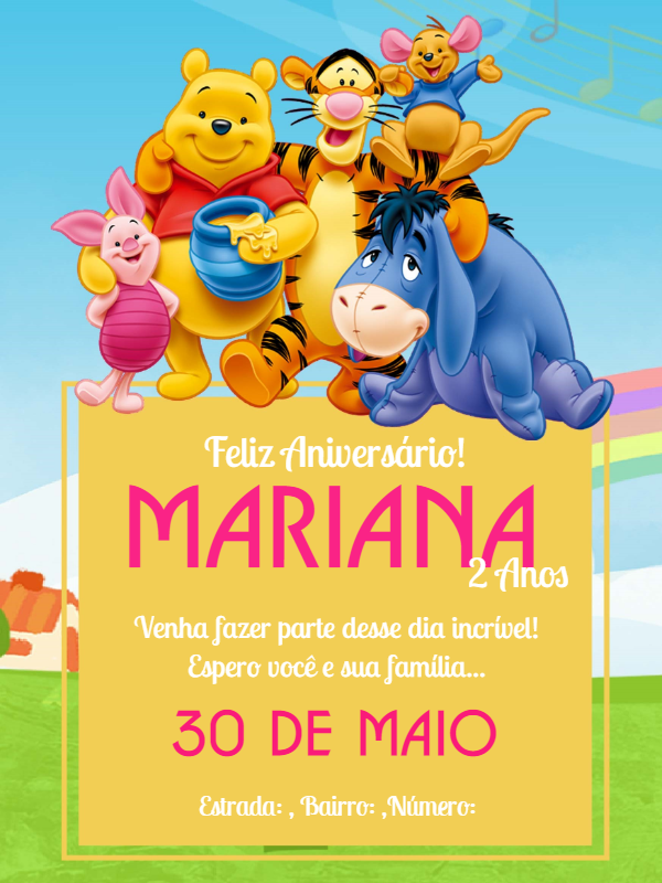 Convite de Aniversário Ursinho Pooh e Turma para Editar Online
