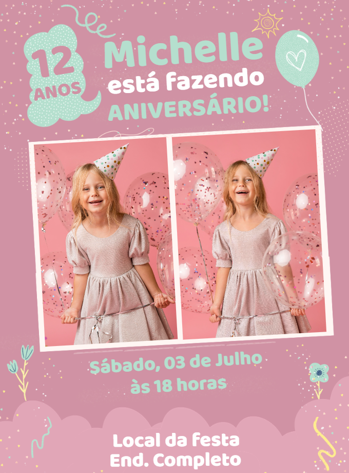 Convite de Aniversário Menina com Fotos Rosa para Editar Online Convite de Aniversário Menina com Fotos Rosa para Editar Online