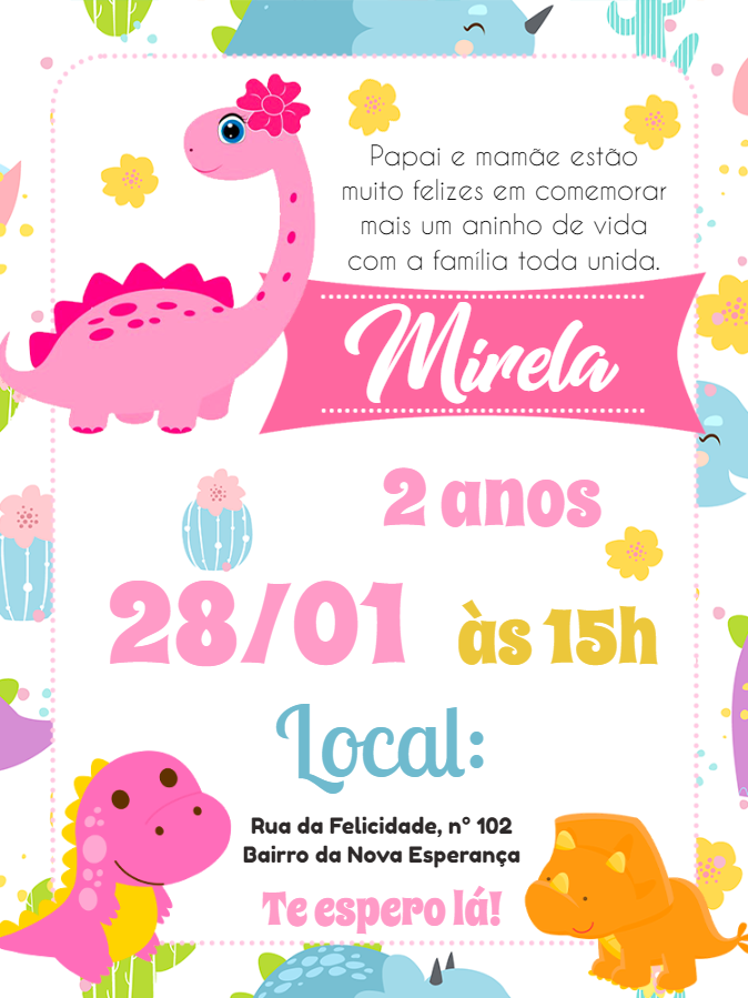 Convite Aniversário Dinossauro Baby Menina para Editar Online Convite Aniversário Dinossauro Baby Menina para Editar Online