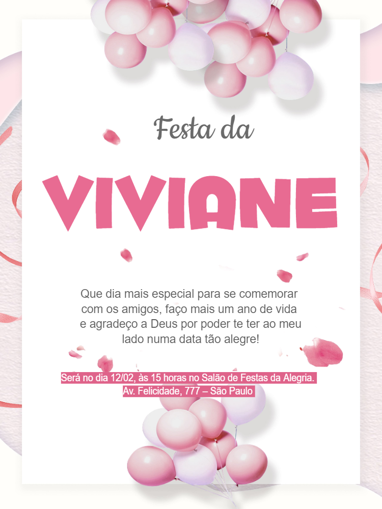 Convite de Aniversário com Balões Rosa para Editar Online Convite de Aniversário com Balões Rosa para Editar Online