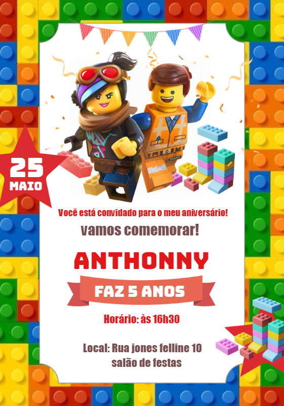 Convite Aniversário Lego com Personagens para Editar Online Convite Aniversário Lego com Personagens para Editar Online
