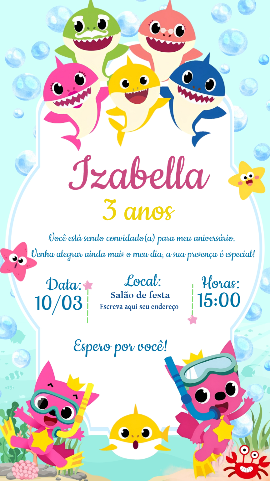 Convite de Aniversário Baby Shark para Editar Online Convite de Aniversário Baby Shark para Editar Online
