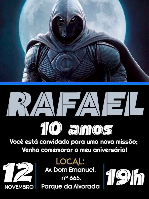 Convite de Aniversário Cavaleiro da Lua para Editar Online Convite de Aniversário Cavaleiro da Lua para Editar Online