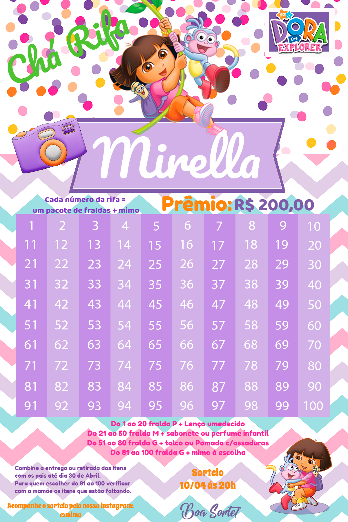 Chá Rifa Dora Aventureira Editável Online para Imprimir