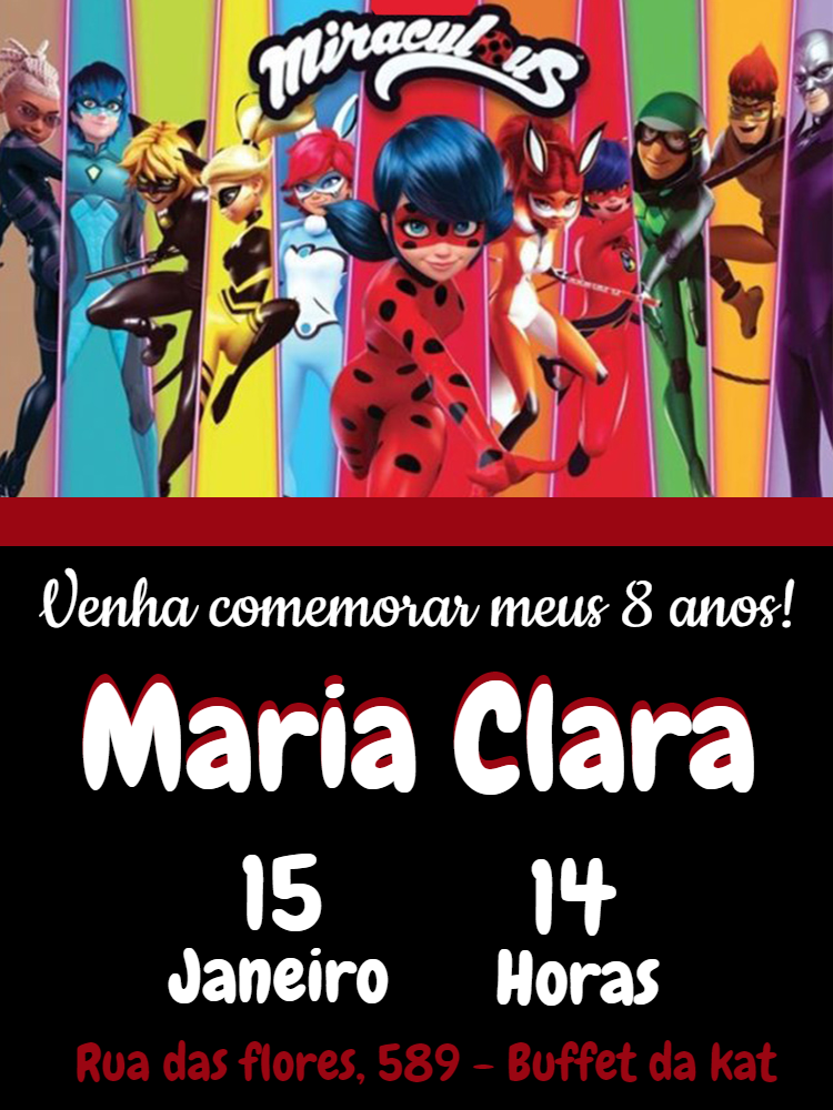 Convite de Aniversário Miraculous com Personagens para Editar Convite de Aniversário Miraculous com Personagens para Editar