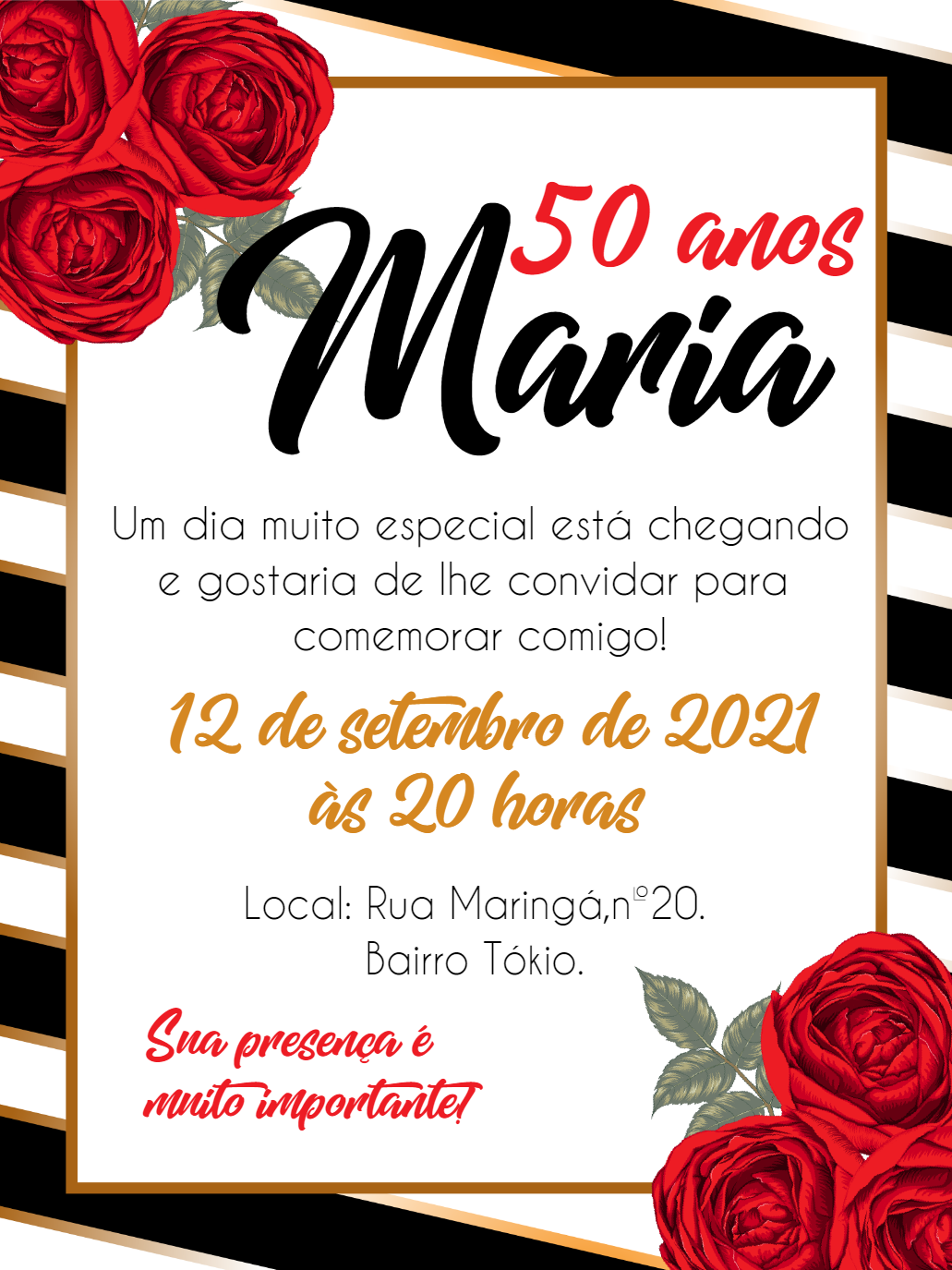 Convite de Aniversário com Rosas Vermelhas para Editar Online Convite de Aniversário com Rosas Vermelhas para Editar Online
