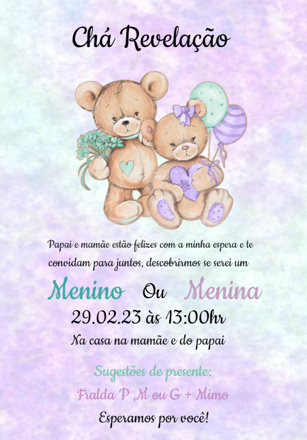 Convite Chá Revelação Ursinhos Fofos para Editar Online Convite Chá Revelação Ursinhos Fofos para Editar Online