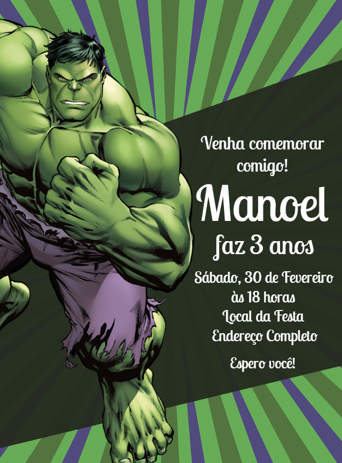 Convite de Aniversário Incrível Hulk para Editar Online Convite de Aniversário Incrível Hulk para Editar Online