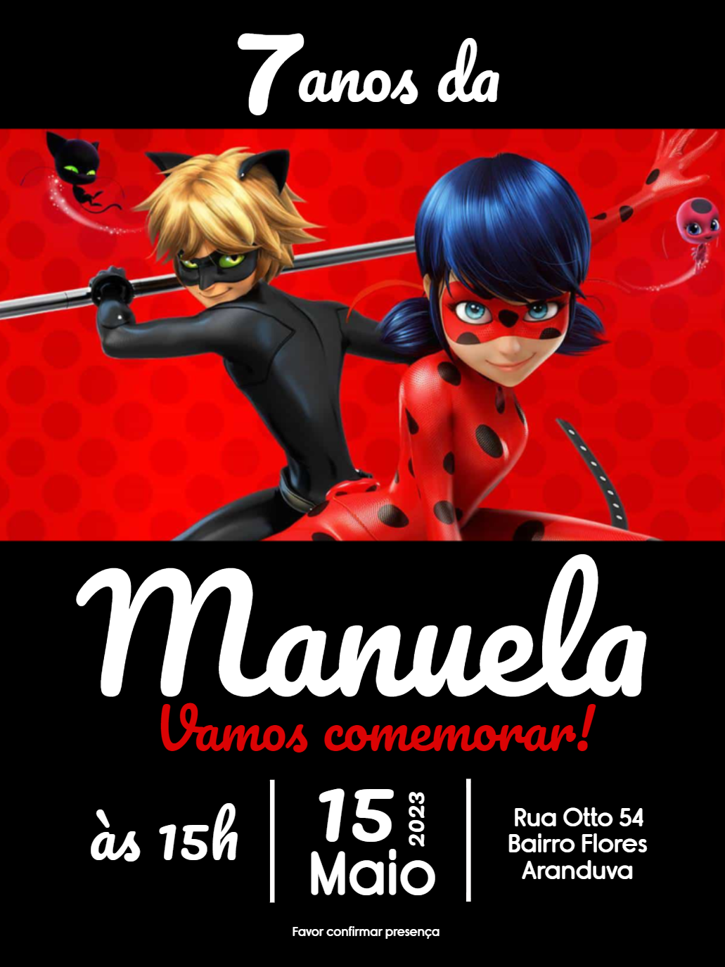 Convite de Aniversário Ladybug e Cat Noir para Editar Online Convite de Aniversário Ladybug e Cat Noir para Editar Online