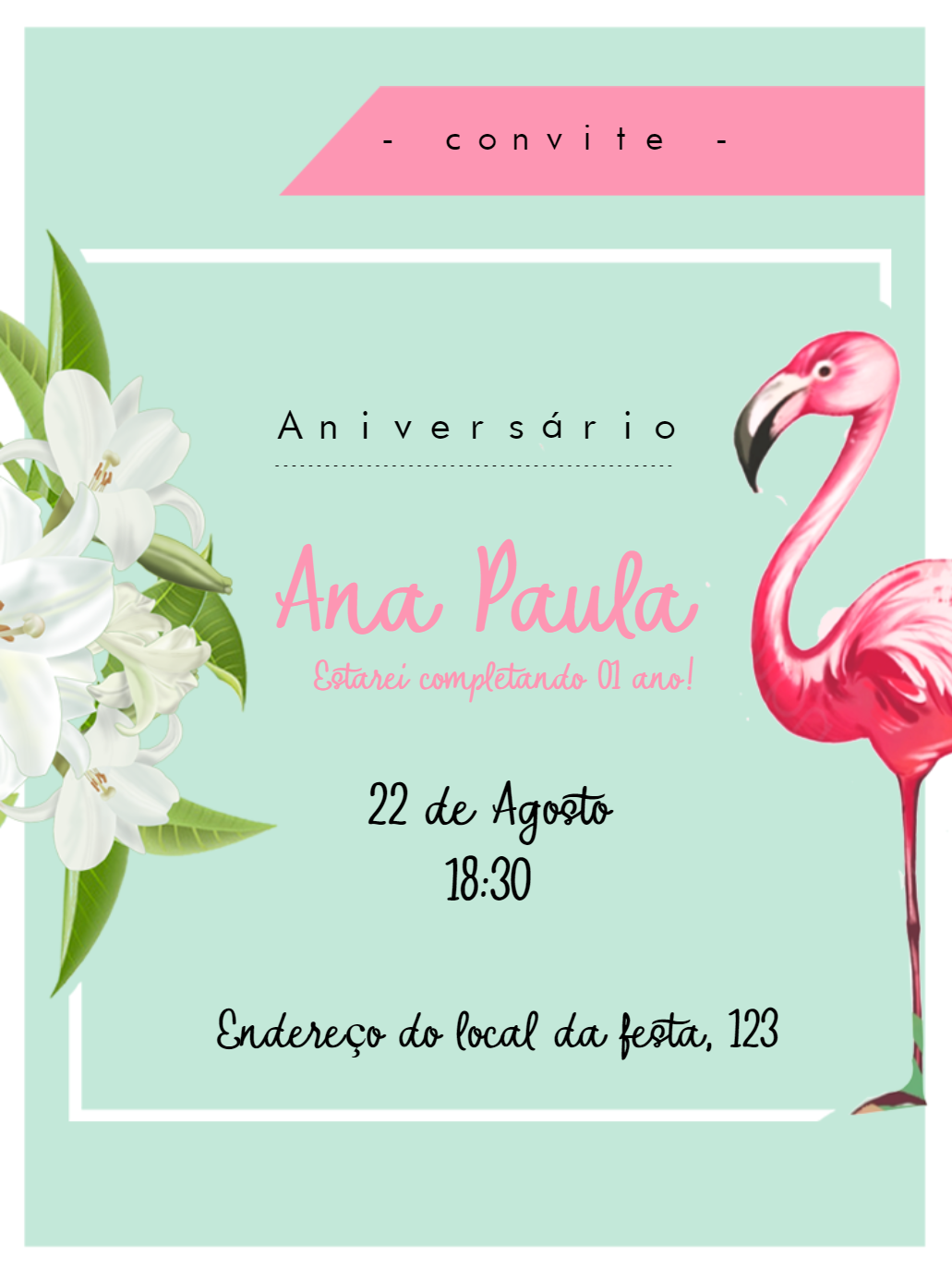Convite de Aniversário Flamingo Tropical para Editar Online