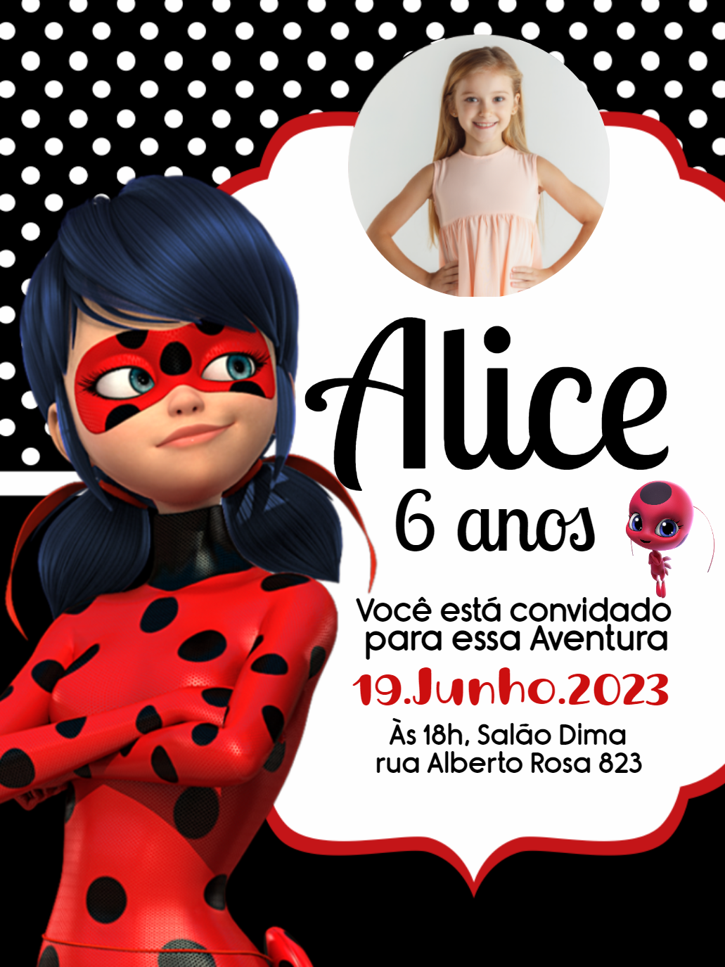 Convite de Aniversário Ladybug com Foto para Editar Online Convite de Aniversário Ladybug com Foto para Editar Online