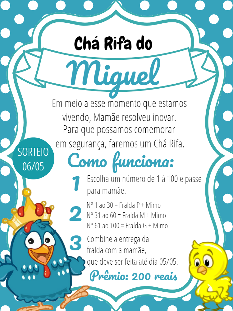 Convite Chá Rifa Galinha Pintadinha para Editar Online
