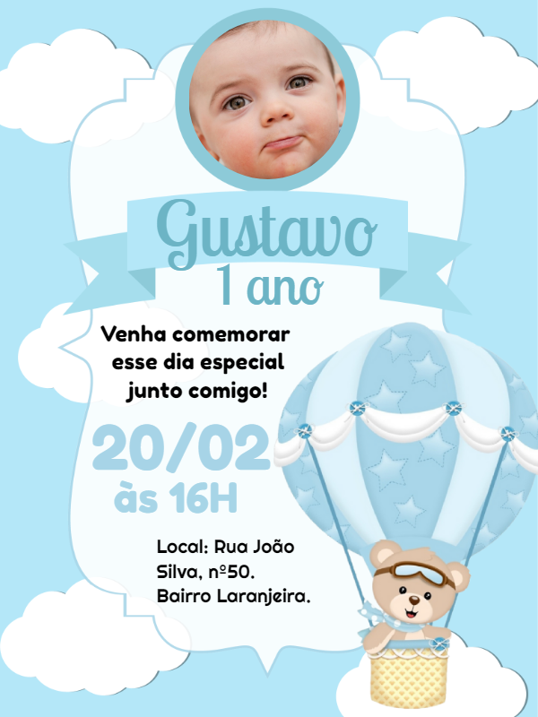 Convite Aniversário Ursinho Baloeiro com Foto para Editar Online