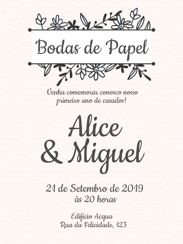 Convite Bodas de Papel Floral para Editar Online Convite Bodas de Papel Floral para Editar Online