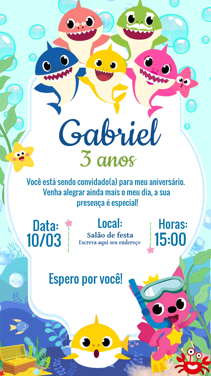 Convite Aniversário Baby Shark com Personagens para Editar Online Convite Aniversário Baby Shark com Personagens para Editar Online